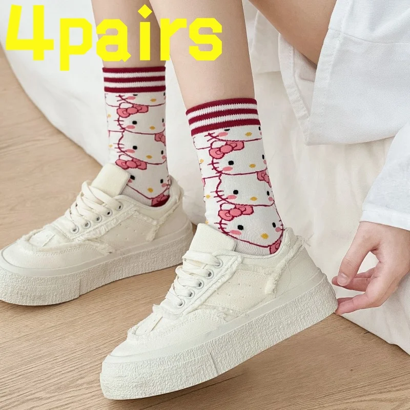 4 أزواج من جوارب HelloKitty المضادة للانزلاق، جوارب بيلاتيس للياقة البدنية والمشي لمسافات طويلة، جوارب للدراجة، جوارب نسائية، جوارب يوجا للرقص