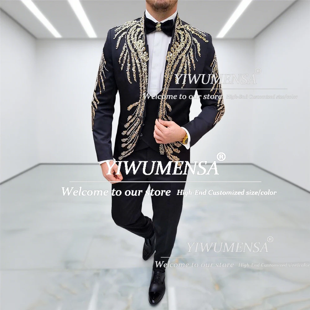 

Male Fashion Crystals Beaded Suits Men For Wedding 3 Pieces Sets Single Breasted Groom Prom Tuxedos Customized Costume Homme