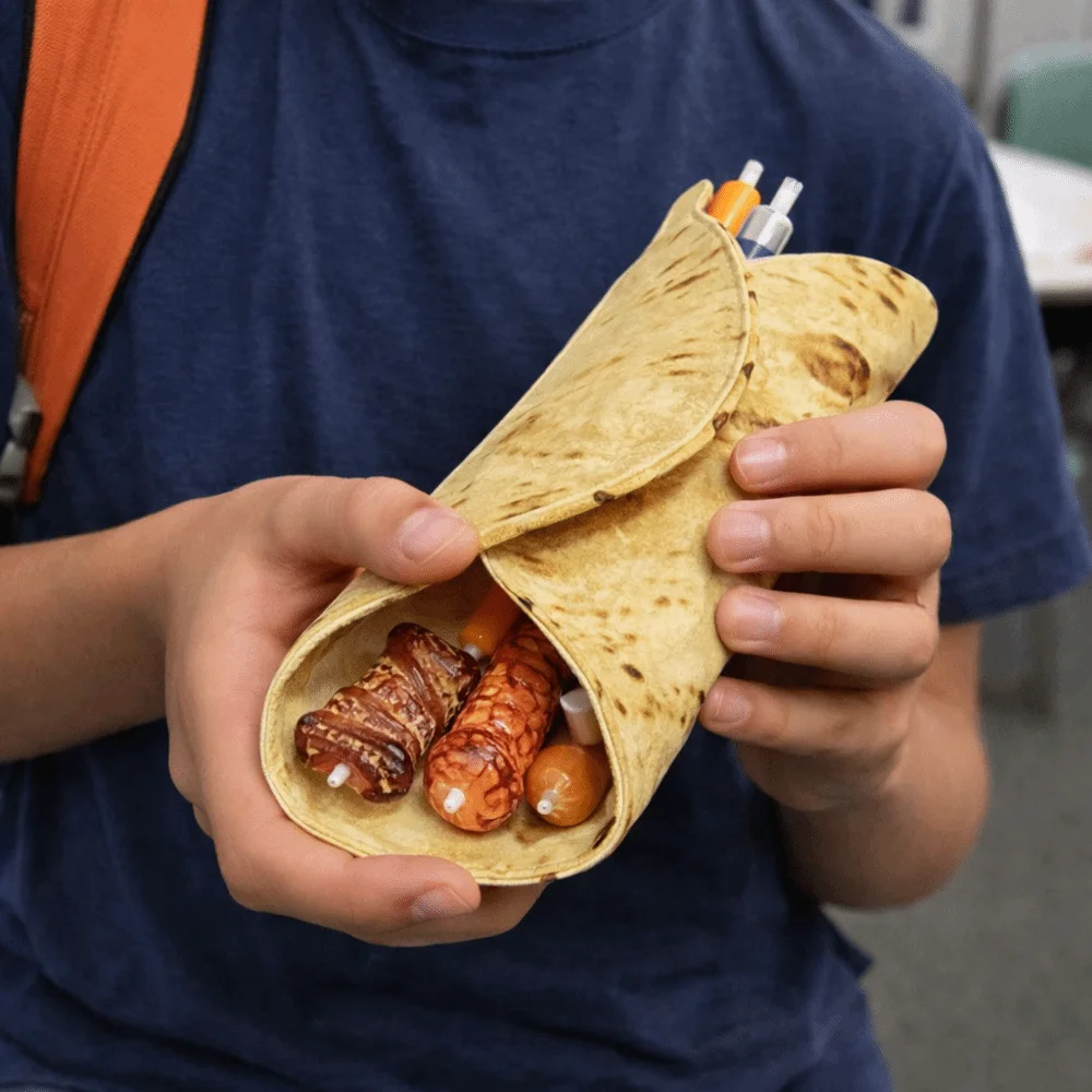 Creative Design Flying Pancake Pencil Case Canvas Material Fun Burrito Design Simulated Pancake Storage Bag Desktop Organizer