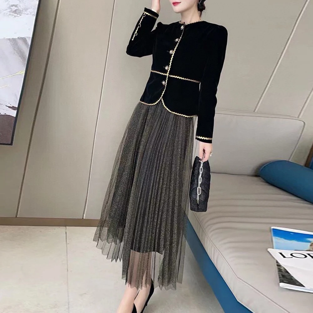 VGH Minimalist Two Piece Sets For Women Round Neck Long Sleeve Spliced Button Tops High Waist Long Skirt Casual Slim Set Female