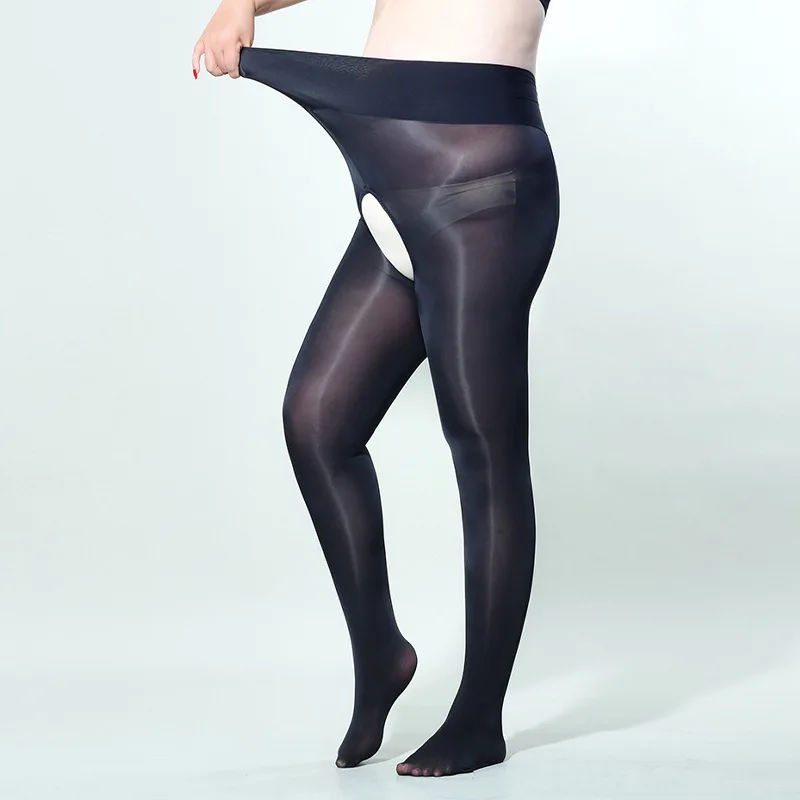 Meias pretas finas, oleosas, sexy e suaves, meia-calça de virilha aberta com virilha plus size 150kg