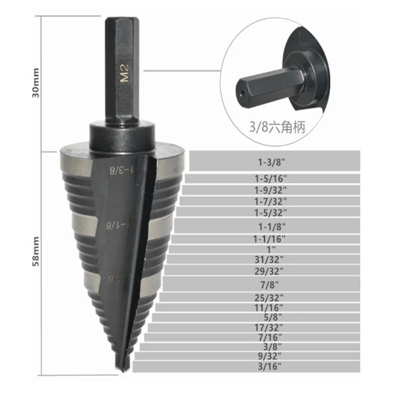 HSS Step Drill Bit Double Flute Straight Groove 7/8 To 1-3/8\