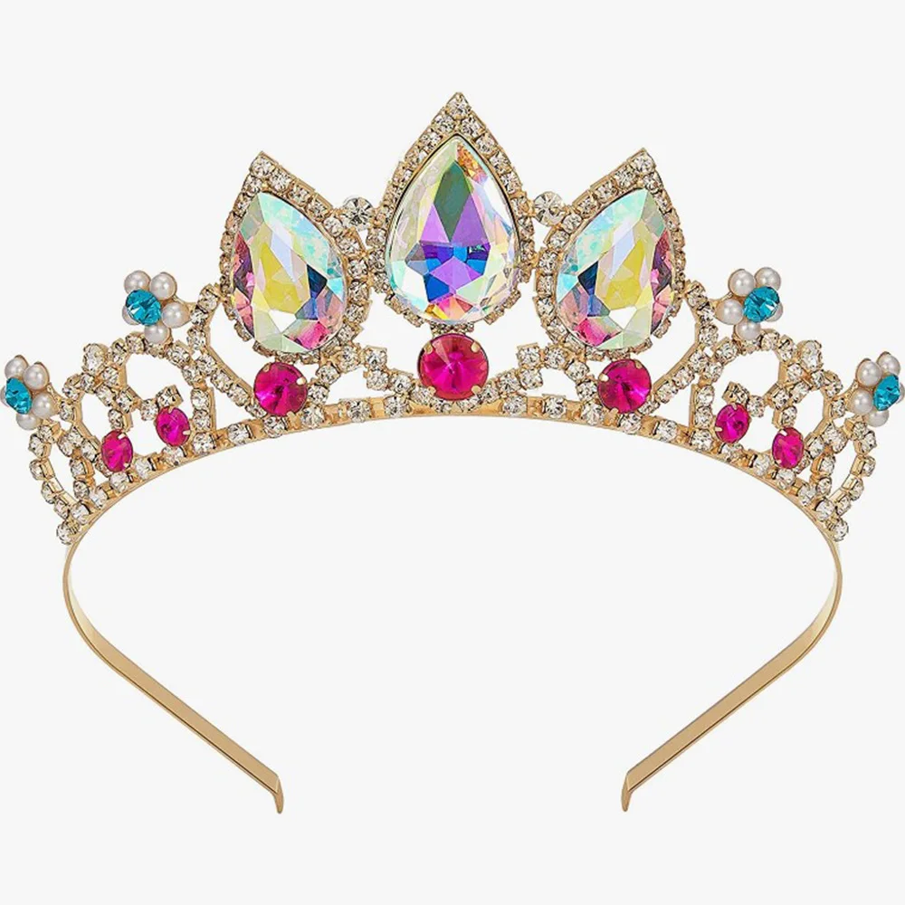 Girls Big Drop Shape Crown With Colorful Rhinestone Party Children Tiara