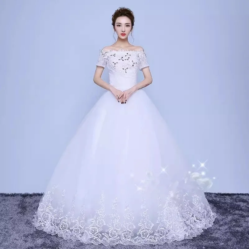 It's Yiiya Wedding Dresses White Embroidery Off the Shoulder Lace up Princess Floor-length Plus size Bling Bride Ball Gown XN089