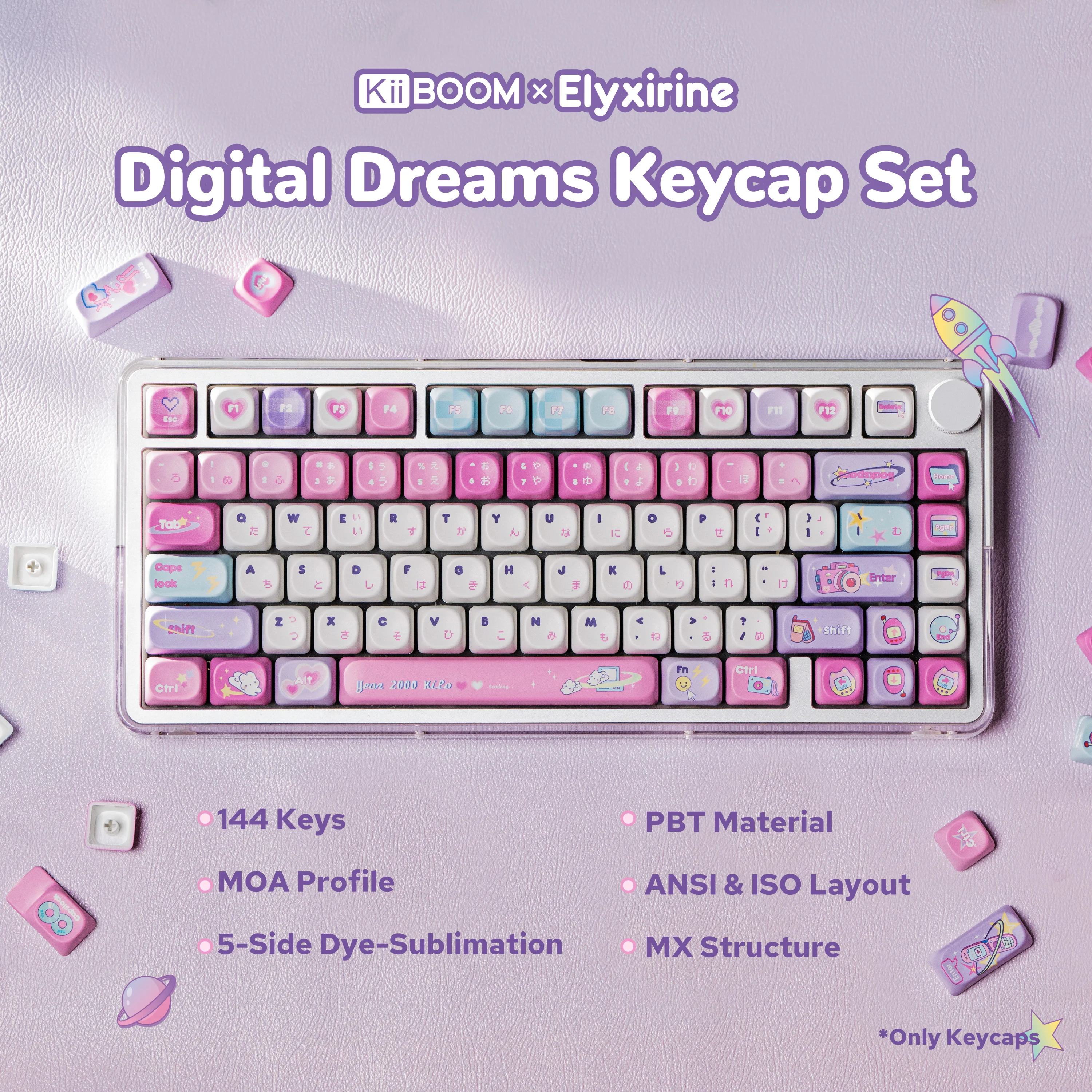 Custom KiiBOOM x Elyxirine Digital Dreams Pastel Y2K Keycap Set 144 Keys MOA Cherry Profile for 60 65 75 TKL Full Keyboard Gift