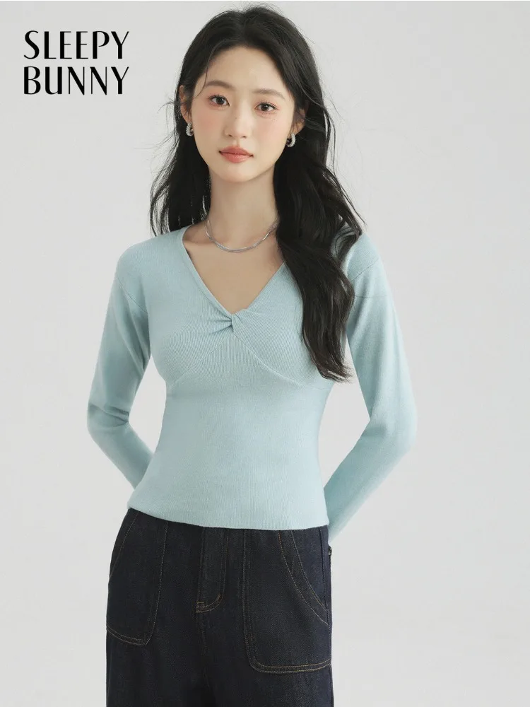

Elegant Slim Fit Knit Top V Neck Twist Design Sweater Stretchy Casual Short Pullover for Women Autumn Spring Layering Outfit