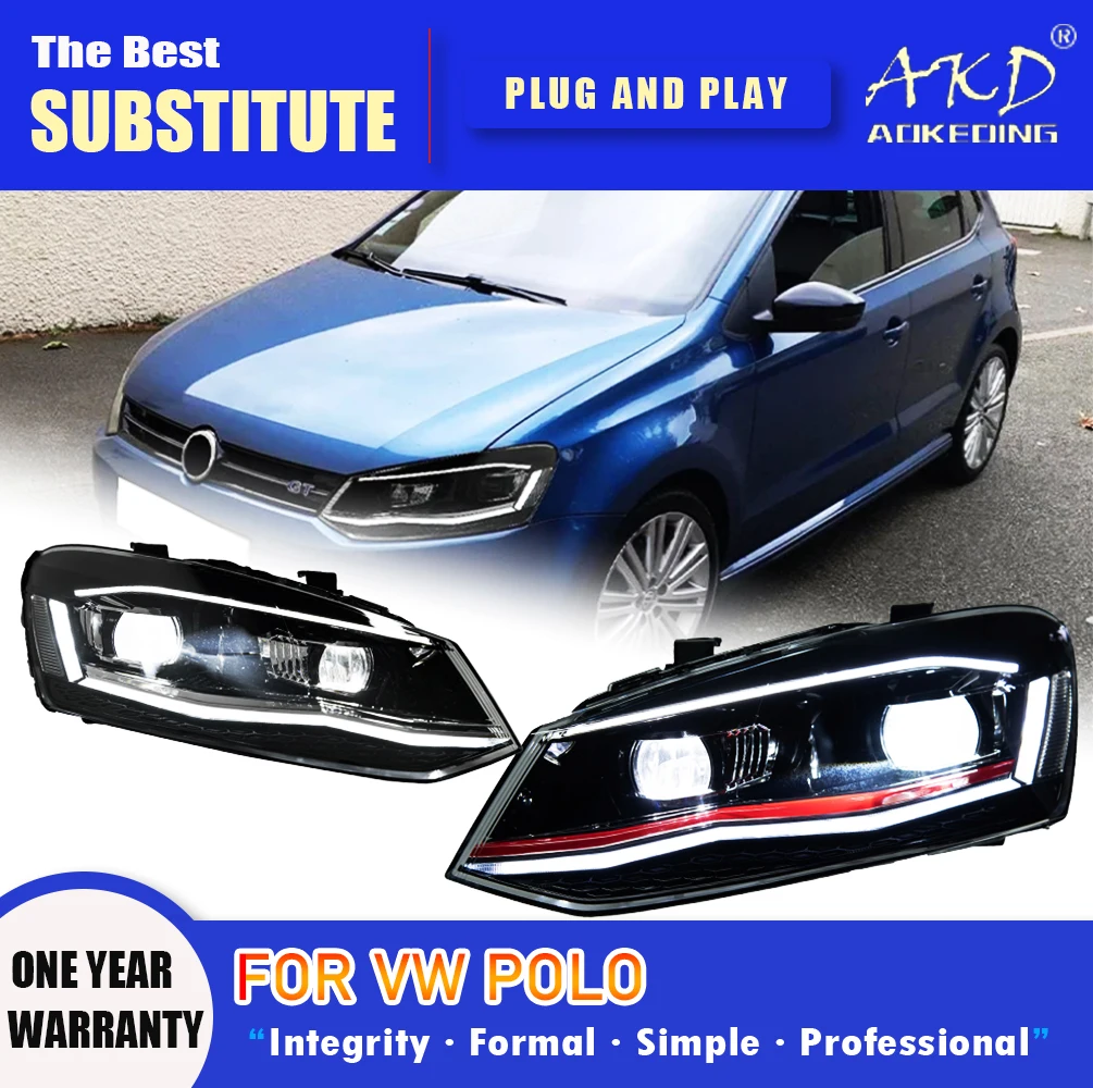 Reflektor AKD do VW Polo Reflektor LED 2011-2018 Reflektory POLO DRL Kierunkowskaz Światła drogowe Soczewka projektora Angel Eye