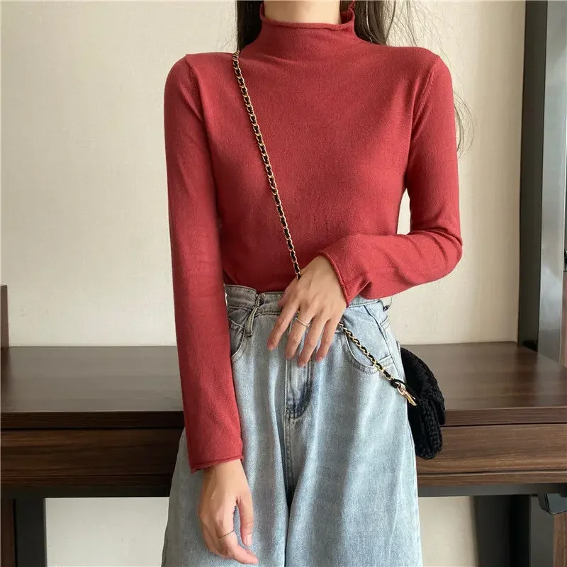 Pullovers Women Half High Collar Stylish Candy Colors Solid Inside Casual Long Sleeve Ulzzang Student Tender Autumn All-match