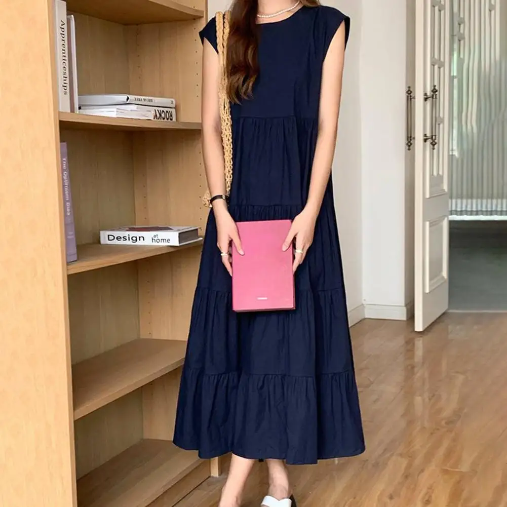 

Summer Dress Loose Pleated Patchwork A-line Dress Big Hem Sleeveless Mid-calf Length Daily Wear Chiffon Midi Dress