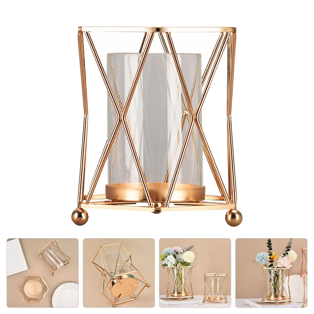 

Iron Art Hydroponic Vase Glass Container Rhombus Shape Flower Planter Home Garden Decoration Flower Vase