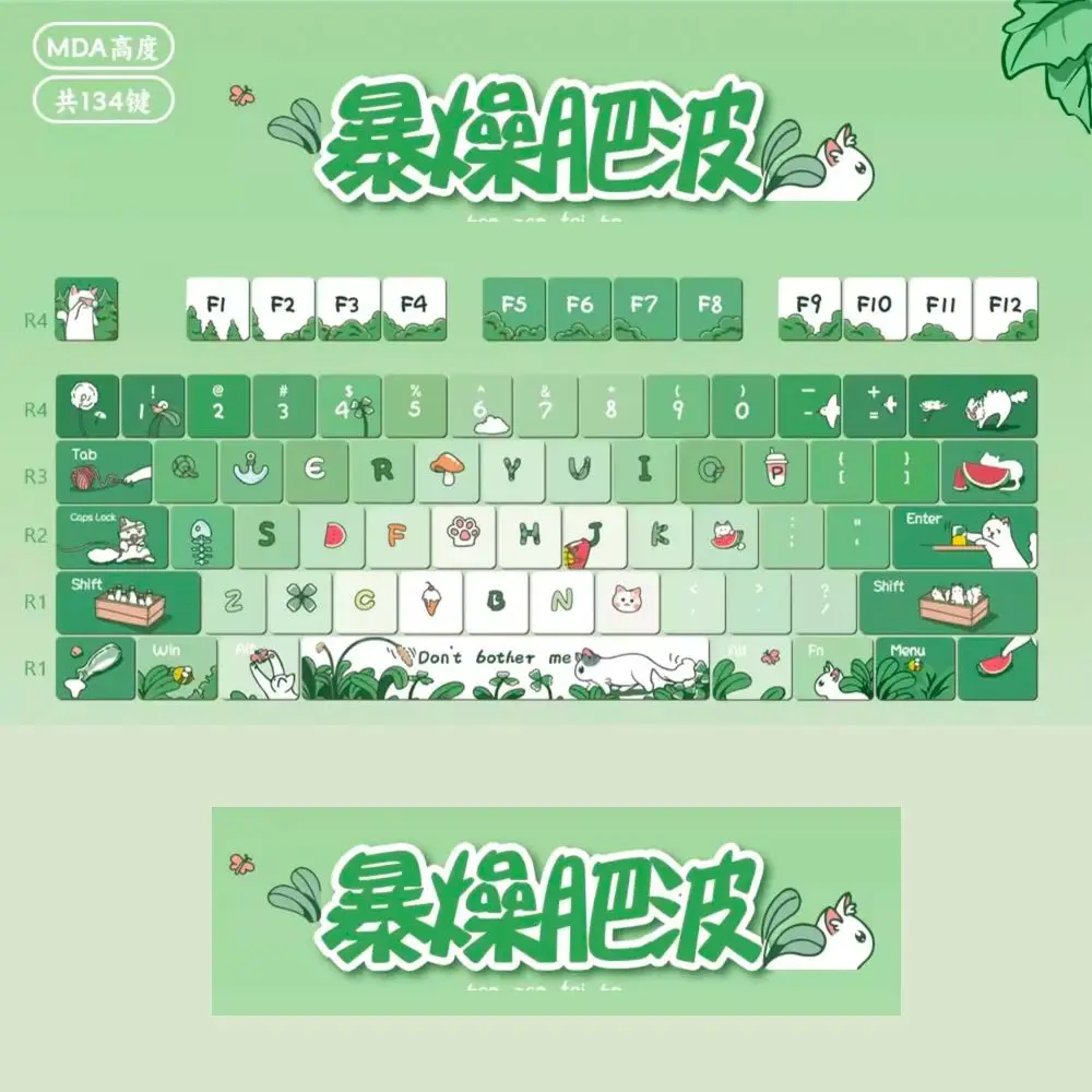 Teclado mecânico Keycaps, desenhos animados pintados à mão criativos, menina bonito, gato irritado, verde, PBT, MDA, cereja, menina, DIY, 134 chaves