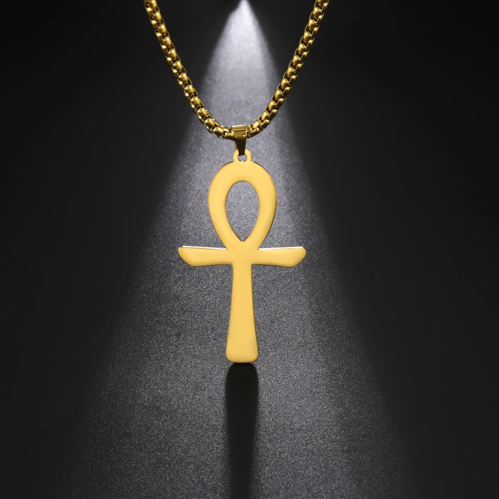 Amaxer Amulet Egypt Ankh Cross Necklace For Women Men Stainless Steel Box Chain Crucifix Egyptian Jewelry Gift Wholesale