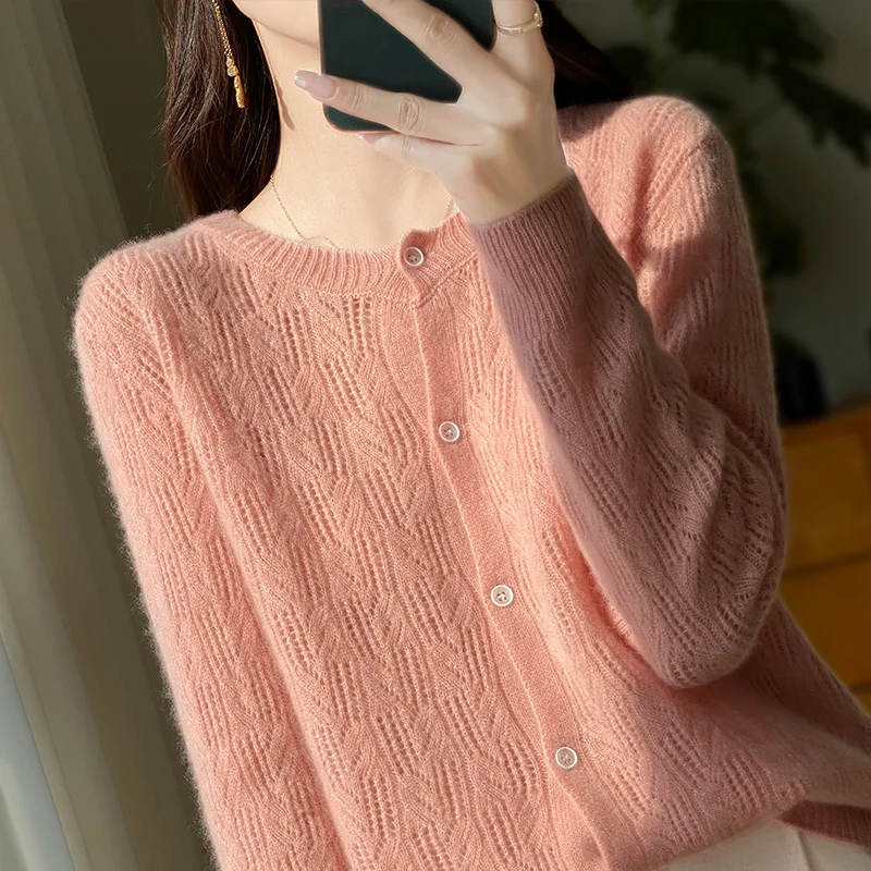 24 spring explosions round neck 100% sweater women hollow long sleeve knit cardigan loose sweater solid color sweater coat