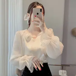 French Three-dimensional Flower Pearl Necklace Chiffon Shirt with Feminine Style Age Reducing and Plush Base Long Sleeved Top