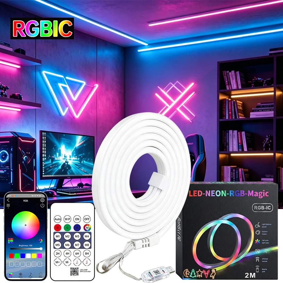 1M 2M 3M 5M 10M 5V RGB IC Neon Strip Light USB Waterproof Dream Full Color LED Strip Lights Bluetooth Remote Control Room Decor