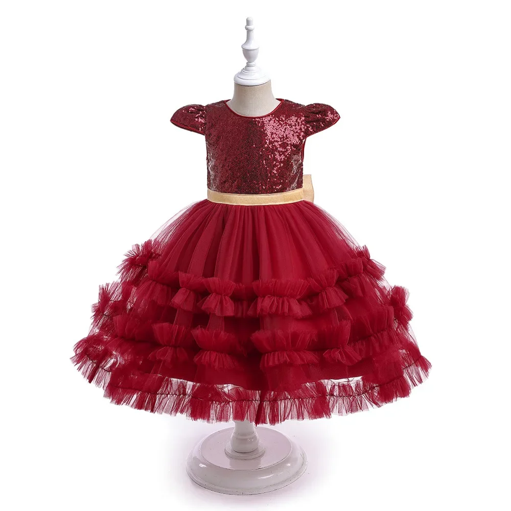 Girls Party Dress 4Y-7Y Kid Christmas Dresses Birthday Wedding Ball Gown Fashion Red Costumes Children