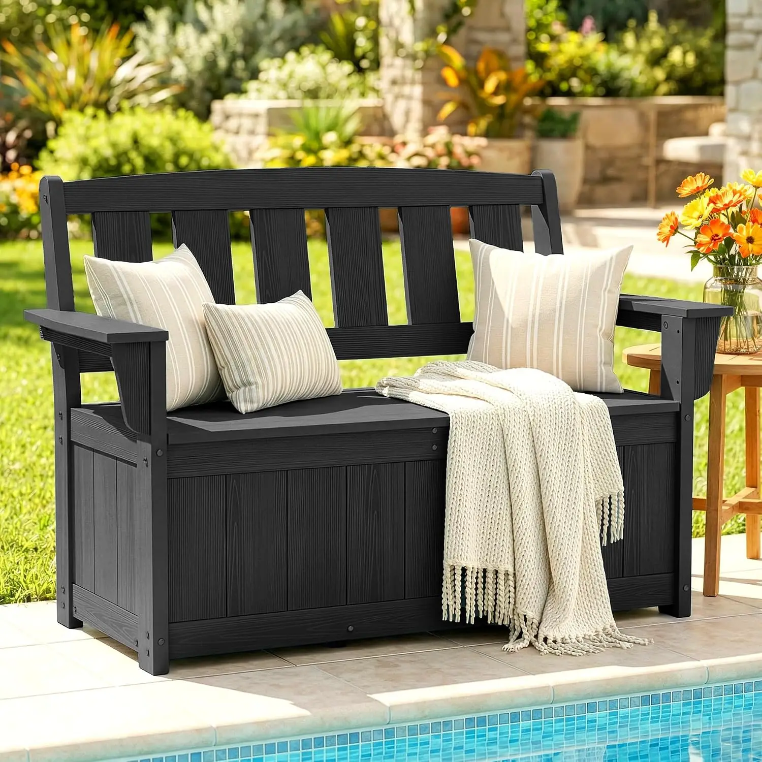 Outdoor Storage Bench, HDPE Construction, Dark Black