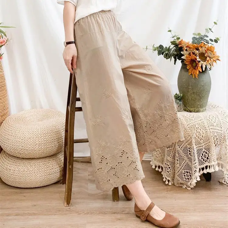 

Summer New Casual Retro Large Version Comfortable Cotton Linen Trousers Women's Fashion Retro Elastic Waist Wide Leg Pants S864