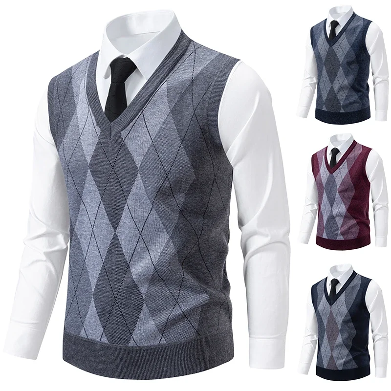 Men's V-neck Knitted Sweater Warm Autumn Winter Diamond Grid Twisted Flower Casual Fashion Versatile Knit Top