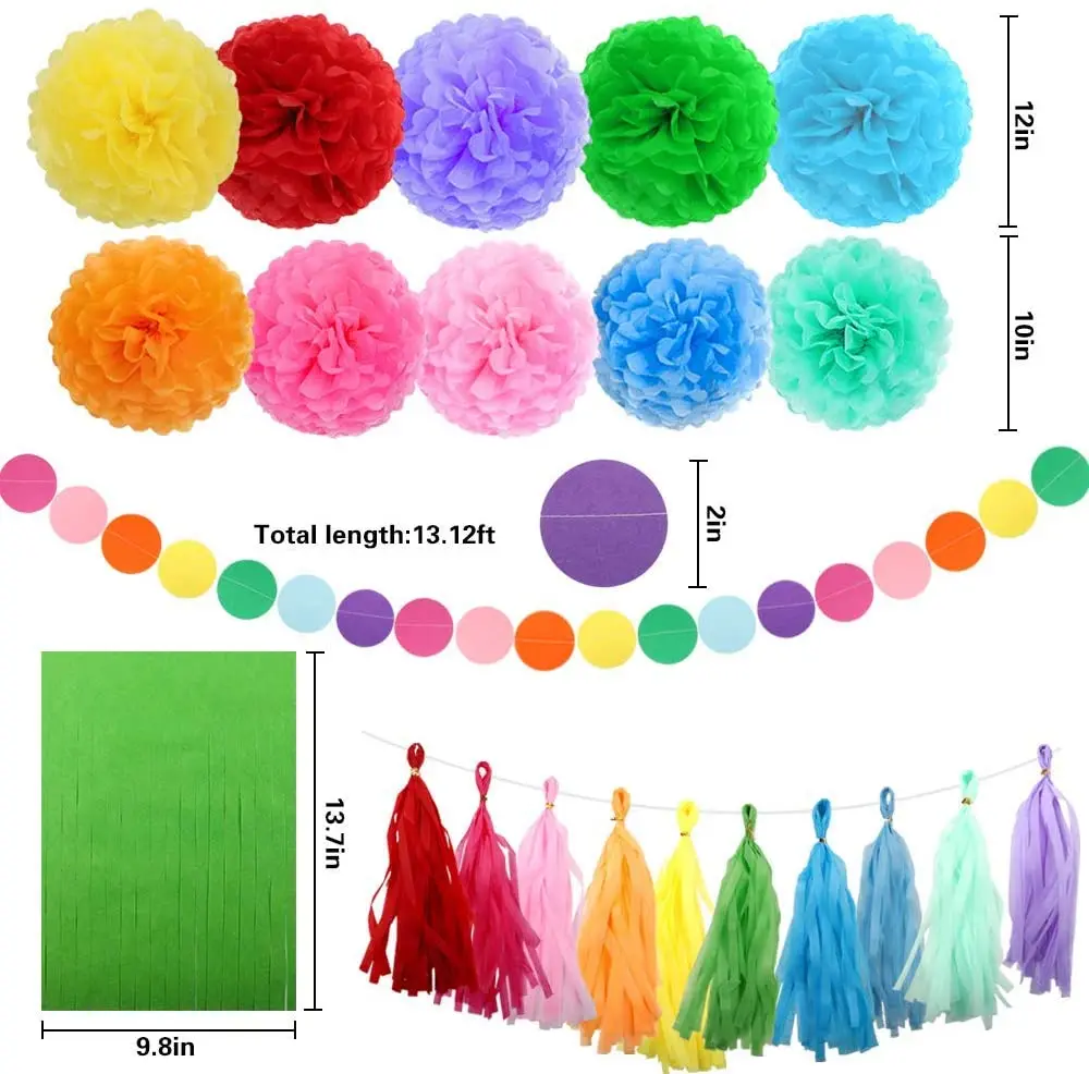 61Pcs Rainbow Birthday Party Decoration Tissue Paper Flower Colorful Paper Tassels One Hanging Circle Dot Banner for kids shower