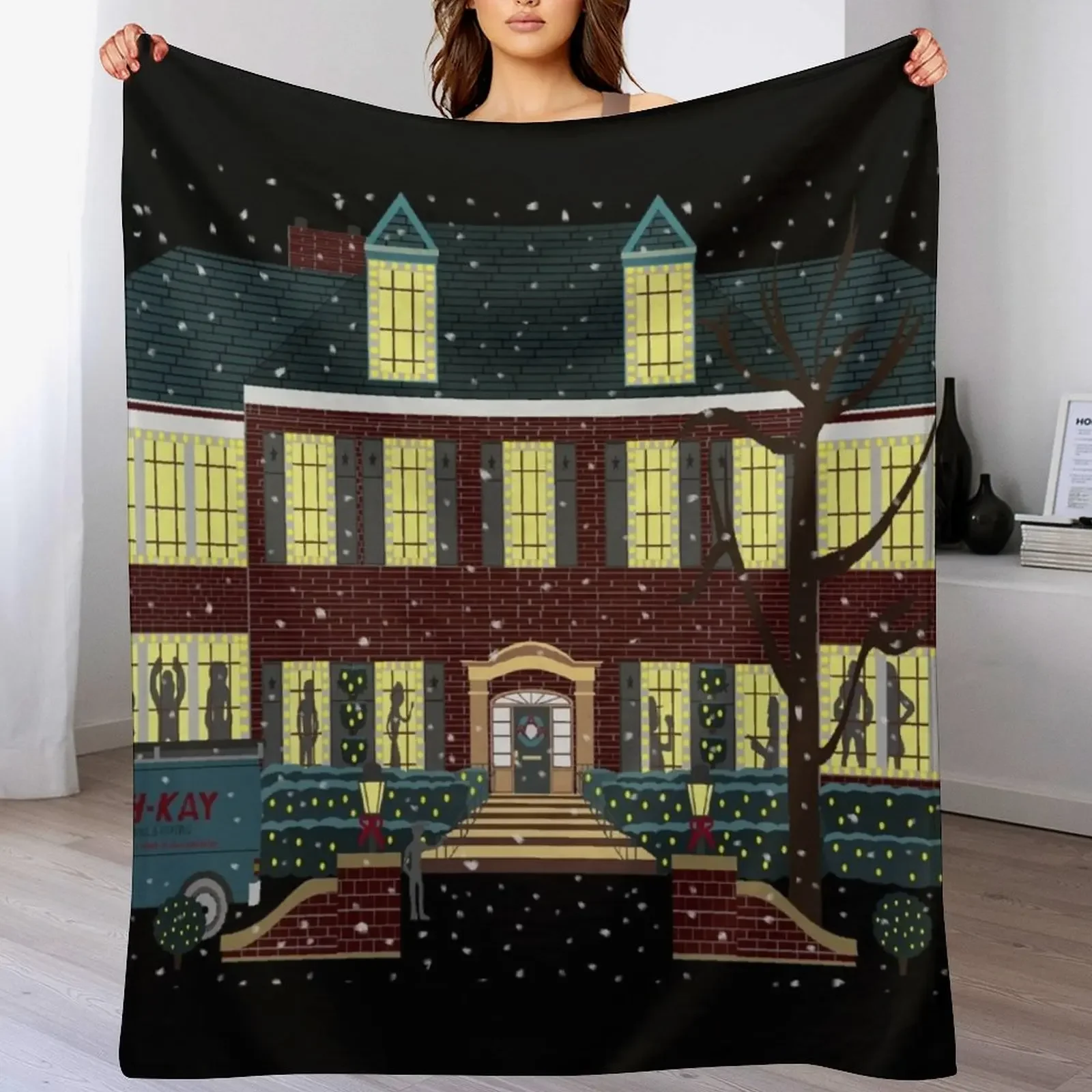 

home alone house at night shadows dancing in the window (snow version) Throw Blanket Sleeping Bag Vintage Heavy Blankets