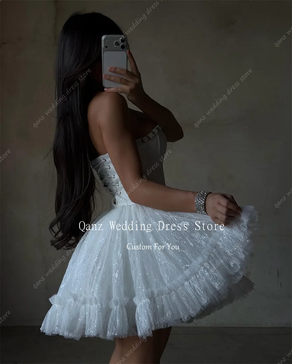 Qanz Luxury Lace Appliques Wedding Dresses Bride Short A Line Sequined Bridal Gowns Open Back Engagement Dress Customized