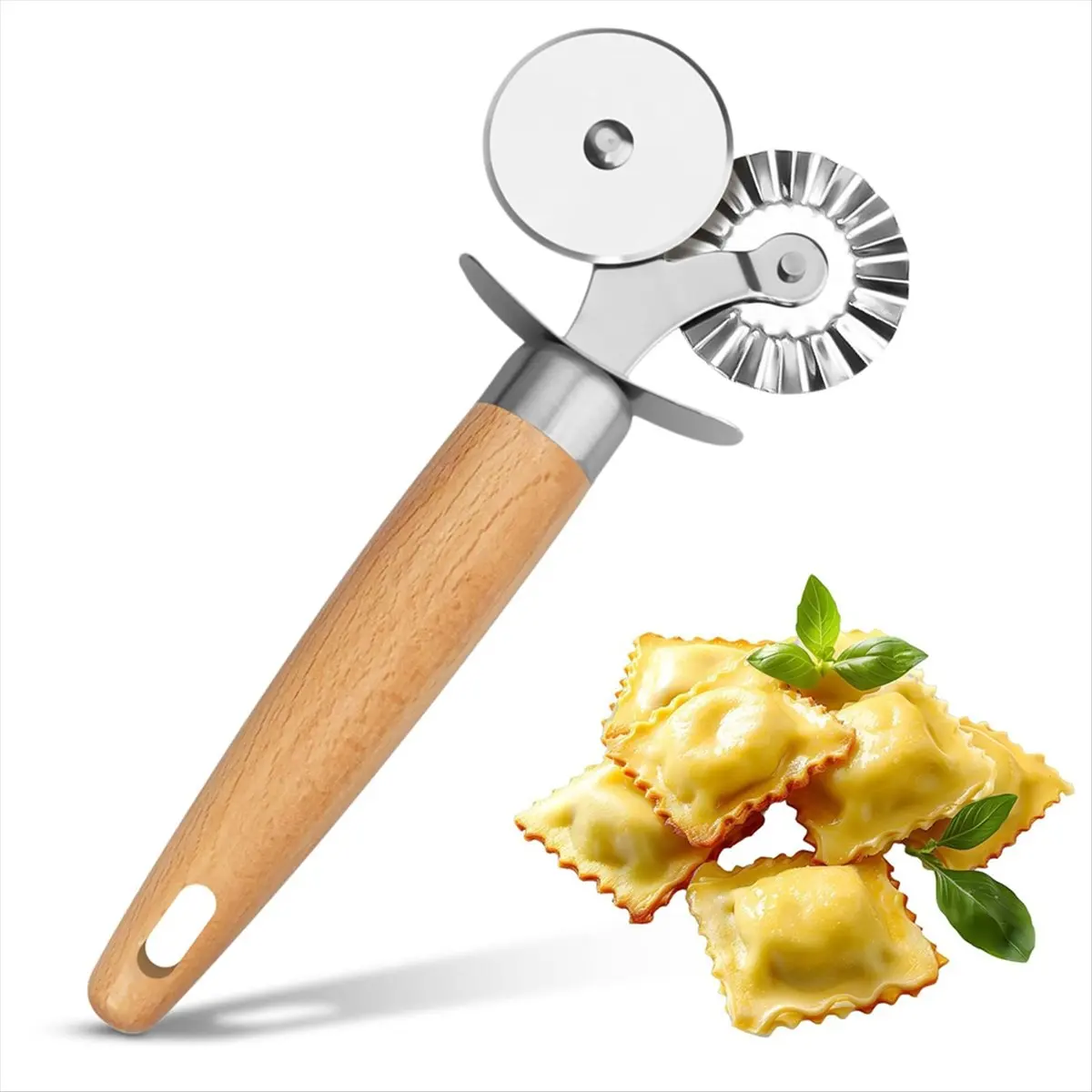 A003 Pasta Cutter Wheel - Fluted Pastry Cutter Double Wheel Ravioli Cutter Tool with Wooden Handle for Pasta Pizza Cookie
