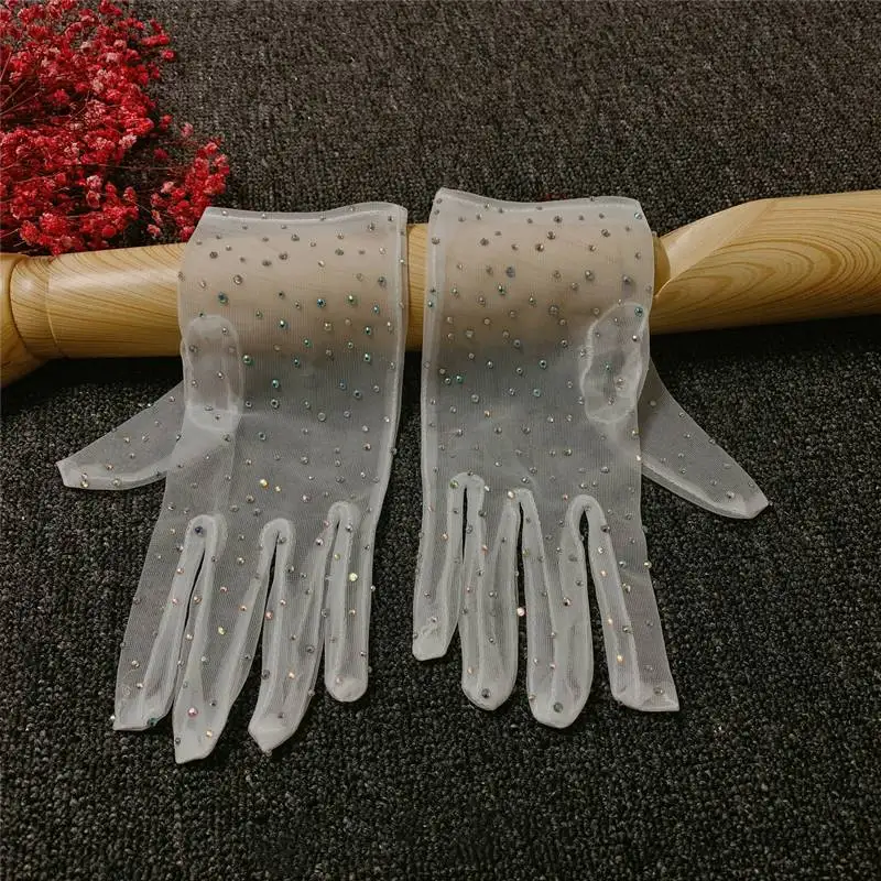 White Champagne Short Wedding Gloves Wrist Length Rhinestones Beaded Bridal Dress Transparent Sheer Gloves Wedding Accessories