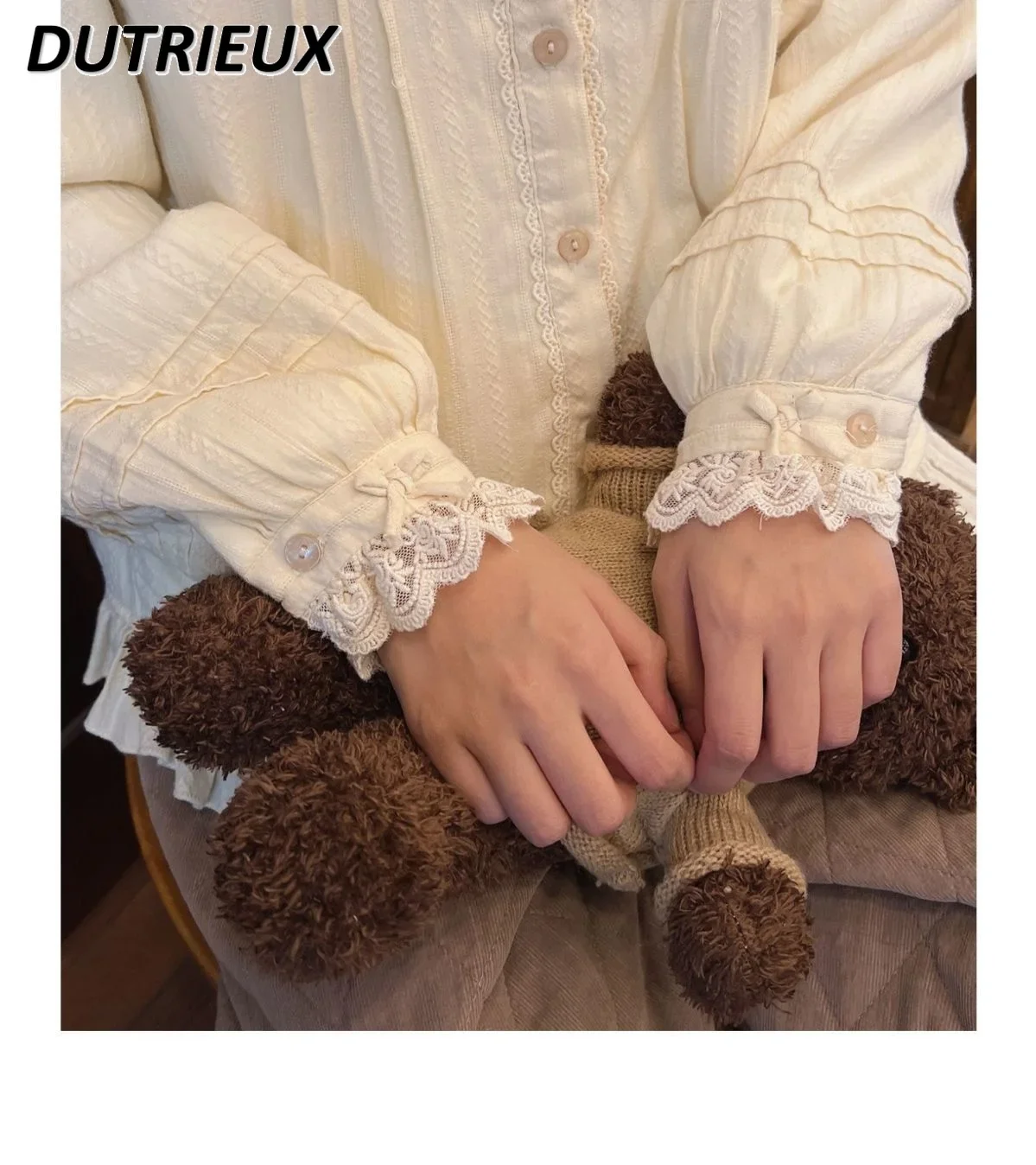 Cream Apricot Lace Doll Collar Shirt Autumn and Winter Fleece-lined Thick Cotton Tops Jacquard Fabric Inner Wear Blouse