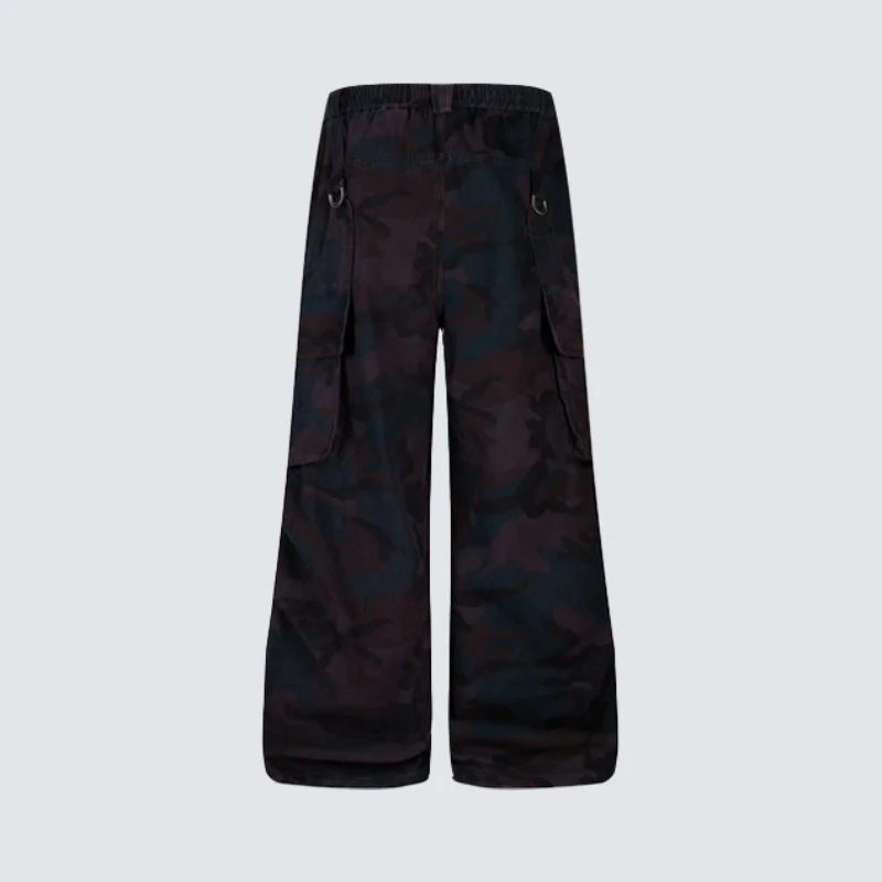 MWJLPWQ Dark Camouflage Straight Cargo Pants Men's Multi Pockets Loose Drawstring Elastic Waistband Rib Wide-Leg Trousers 20425