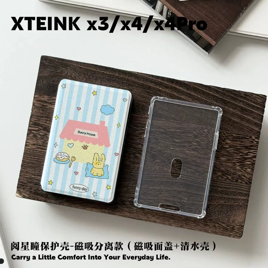 For XTEINK X3 X4 X4Pro E-Reader Cozy Rabbit House Magnetic Detachable Protective Case Clear TPU Inner Shell + Flip Folio Cover