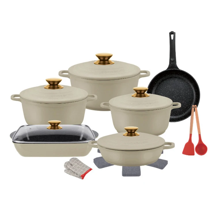 18 Pieces Black White Green Red Granite Non Stick Aluminum Cookware Set Kitchen Round Cooking Pot Roaster Fry Pan Set