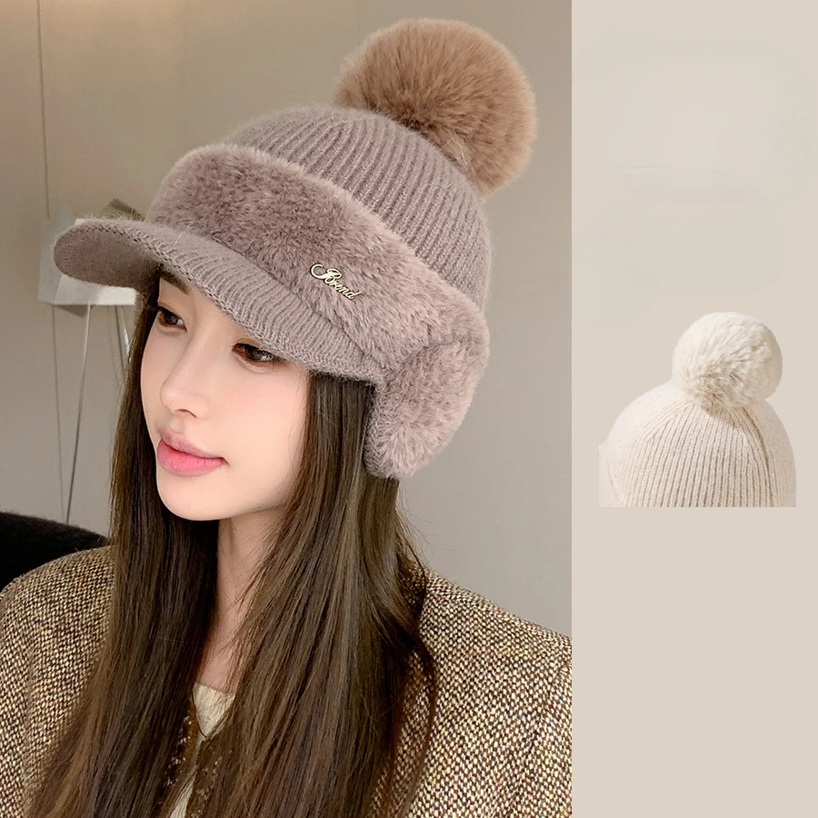 Rabbit Fur Knitted Baseball Cap Women Winter Hats Baseball Autumn Winter Ear Protection CapTo Keep Warm Baseball Hats image 3