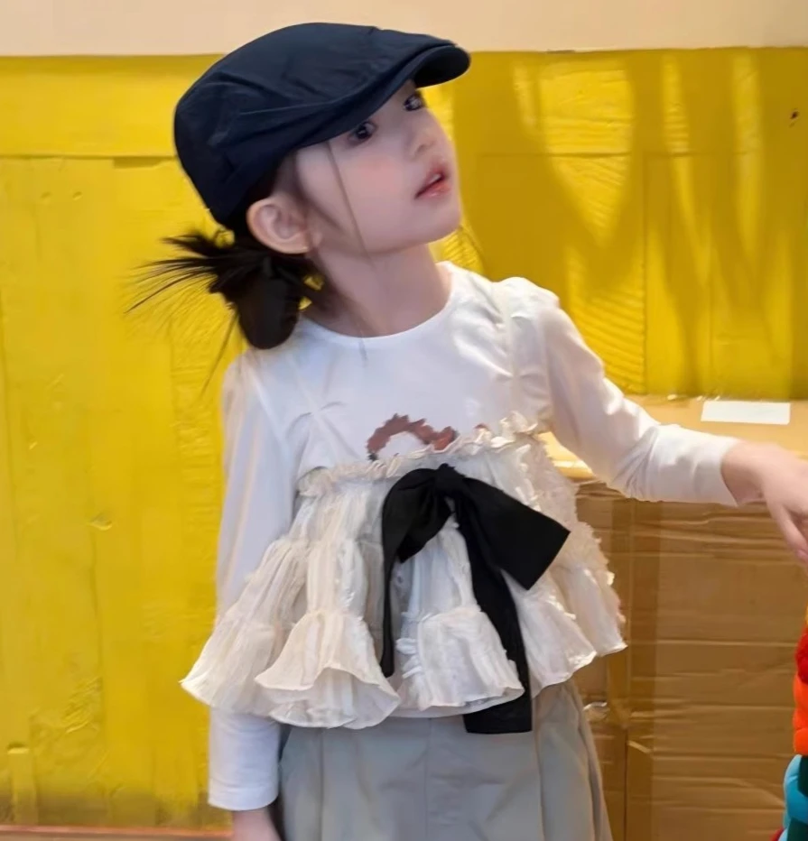 

Girls Top 2026 Spring New Korean Version Bow Strap Stacked Casual Fashion Daily Versatile Wear