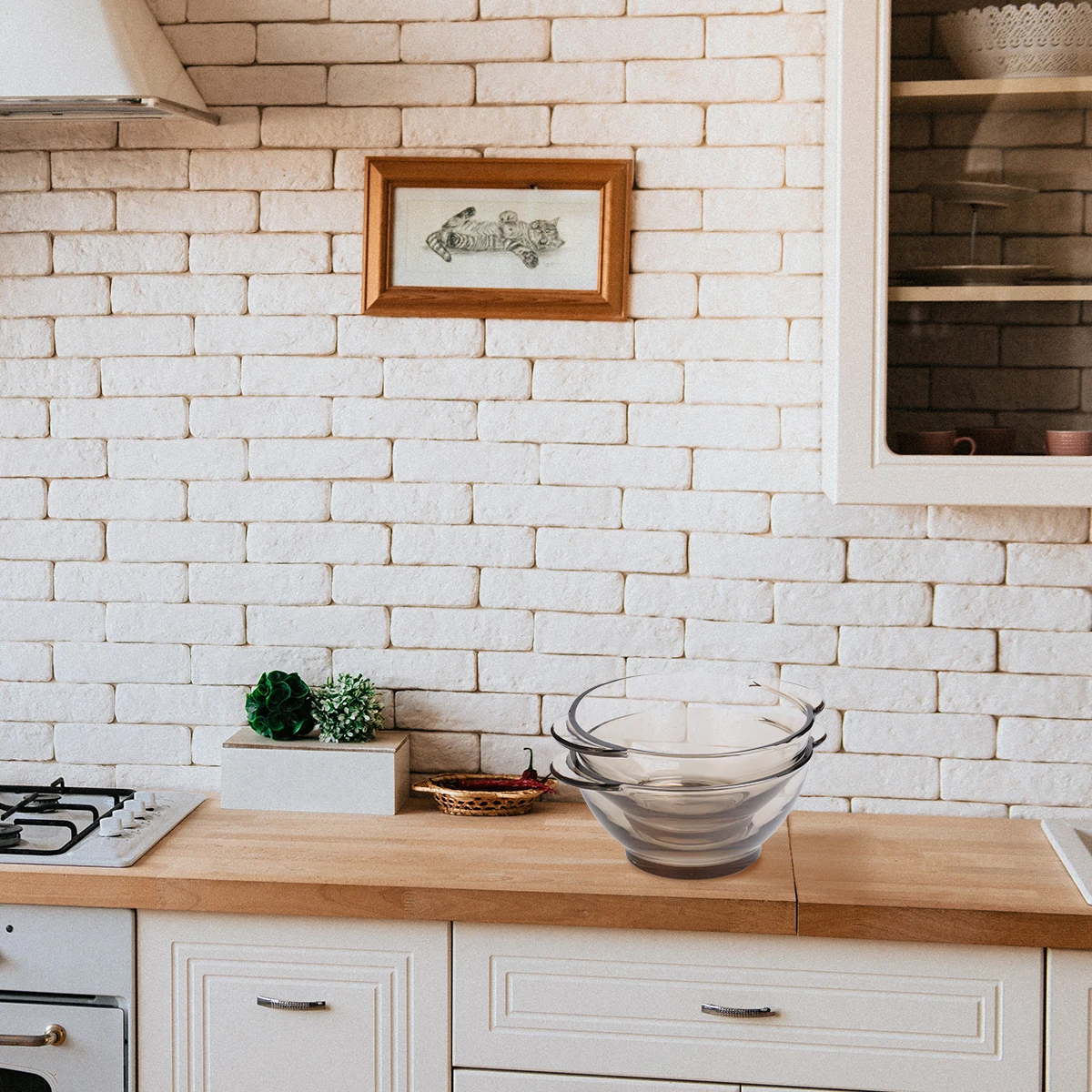 

2Pcs Glass Salad Bowl Transparent Fruit Soup Rice Food Serving Dish Portable Handle Household Tableware for Home Restaurant