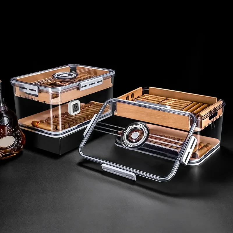 Large Portable Sealed Cigar Box Humidifier Cedar Woooshelf Multifunctional Hygrometer Pp Material