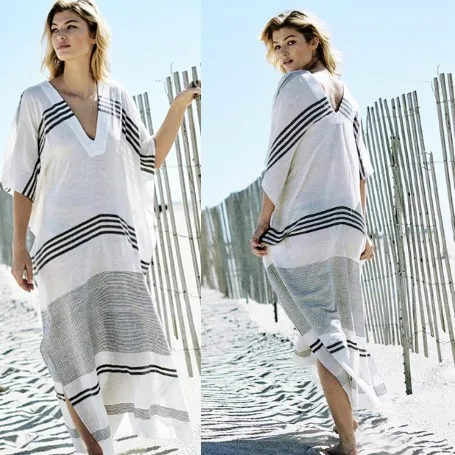 WeHello-Loose and Comfortable V-neck Bikini Beach Cover Up for Women, Cotton Stripe, Holiday Skirt, Long Style