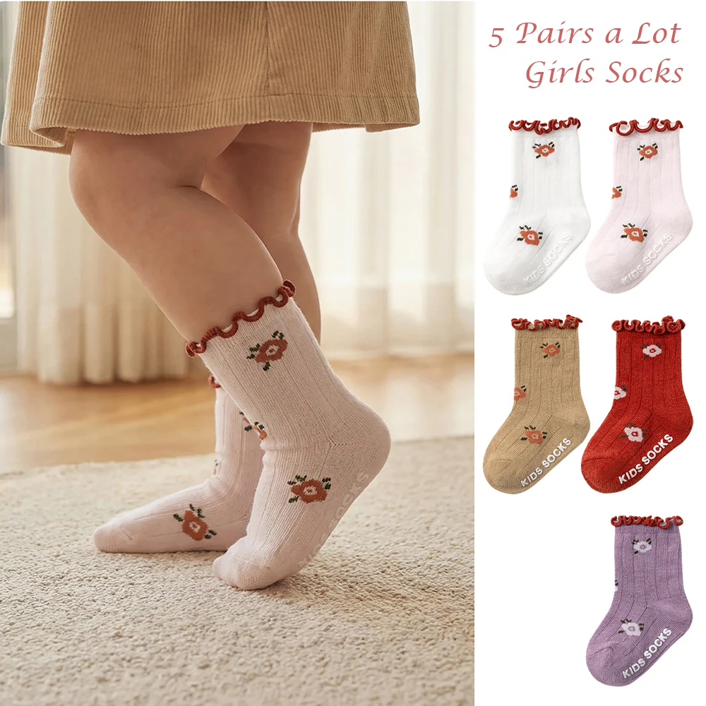5 Pairs a Lot Baby Socks 0-3T Cute Floral Thin Socks for Newborns Versatile Toddler Non-slip Socks Flower Infant Knee-high Socks