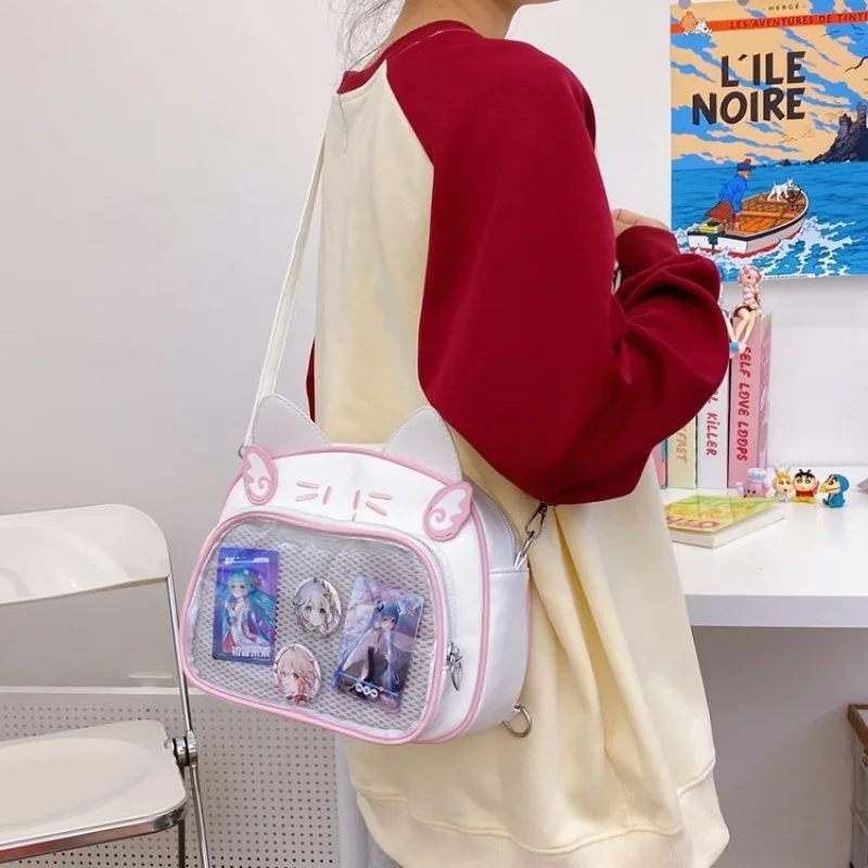 Y2K Bag Japanese Kawaii Cat Backpacks for Girls Sweet Cute Ear Design PU School Bag Popular Transparent Crossbody Bag Bolsa