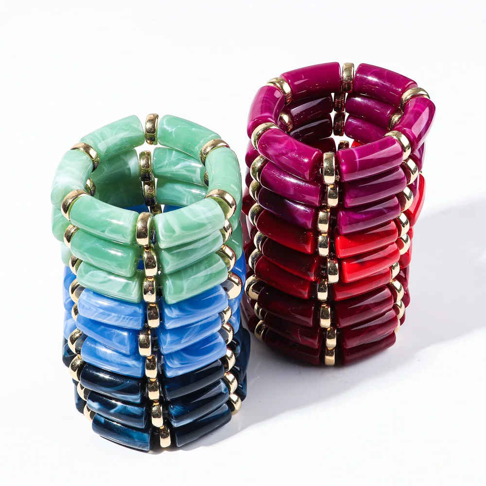 3Pcs/Set Fashion Acrylic Bamboo Tube Beads Stretch Bracelets Resin Chunky Curved Beaded Bangle Bracelet 2026 Jewelry Gifts