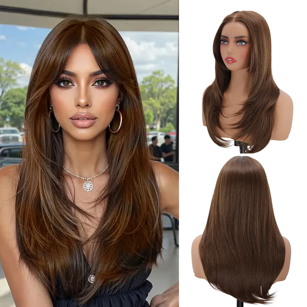 

Synthetic Lace Front Wigs 22 inches Ombre Brown Blonde Layered Straight Wig High Temperature Fiber Straight Wigs