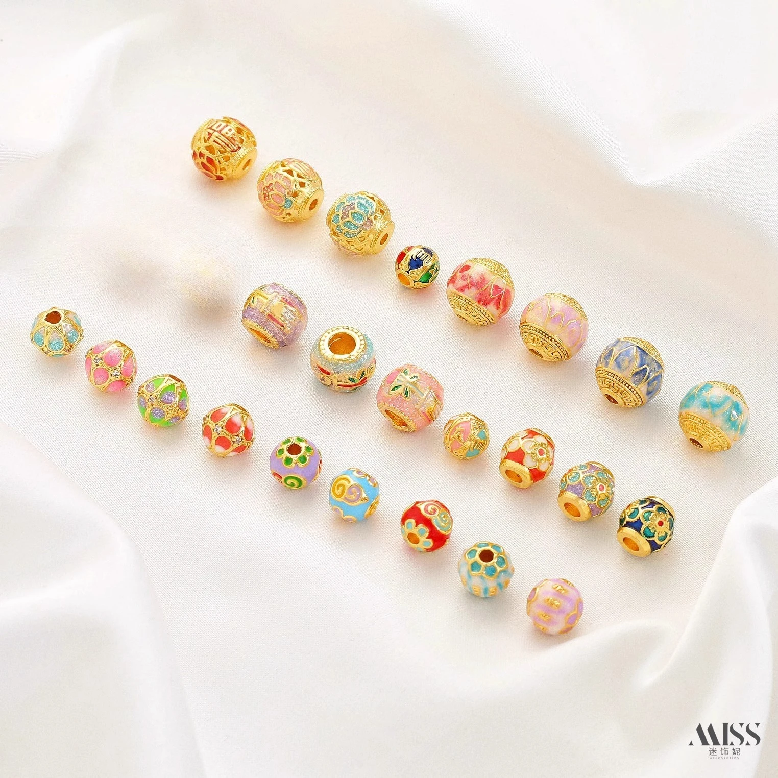 18K Gold Plated New Chinese Cloisonne Enamel Beads, Landscape, Lotus, Cloud Pattern Spacer Beads, DIY Jewelry Accessories