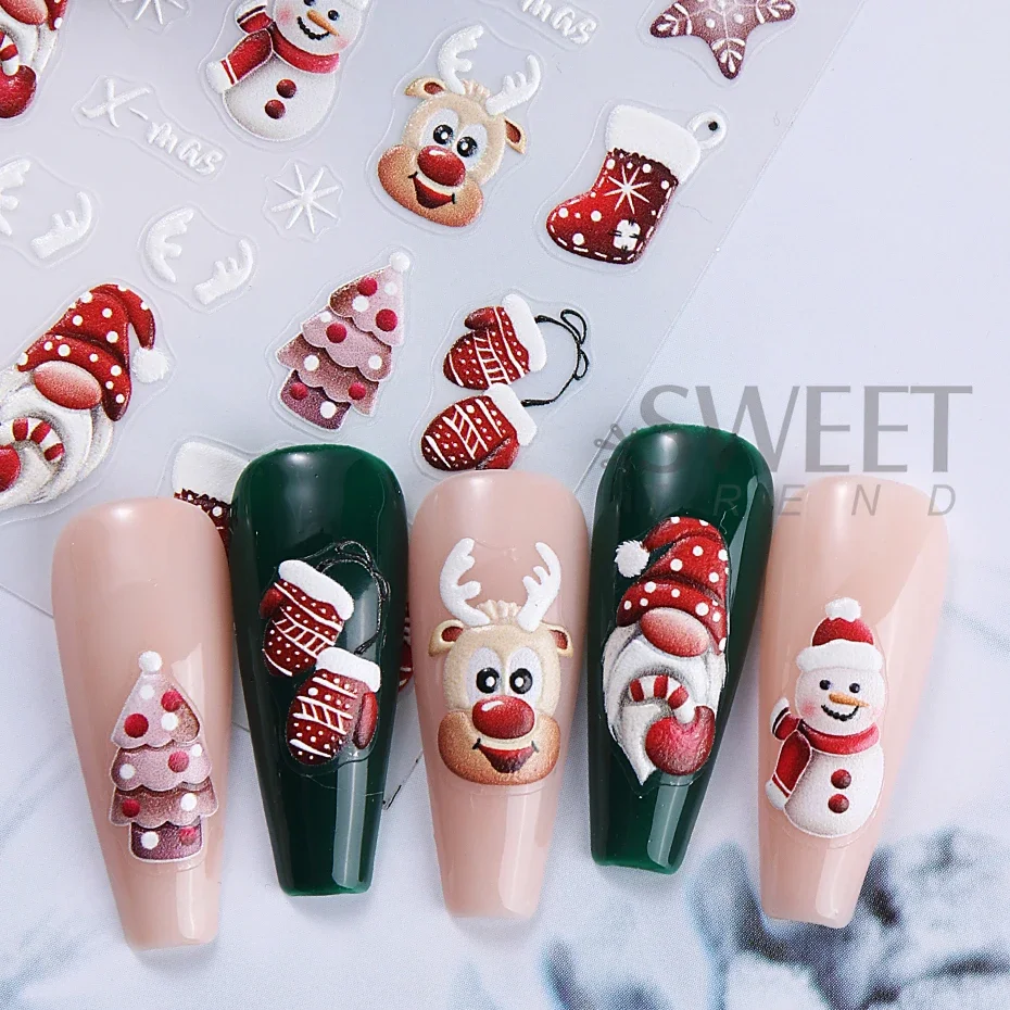 Santa Claus Cartoon Nail Stickers Christmas Snowman Gloves Self Adhesive Sliders Nail Art Decals Snowflake Manicure Decoration