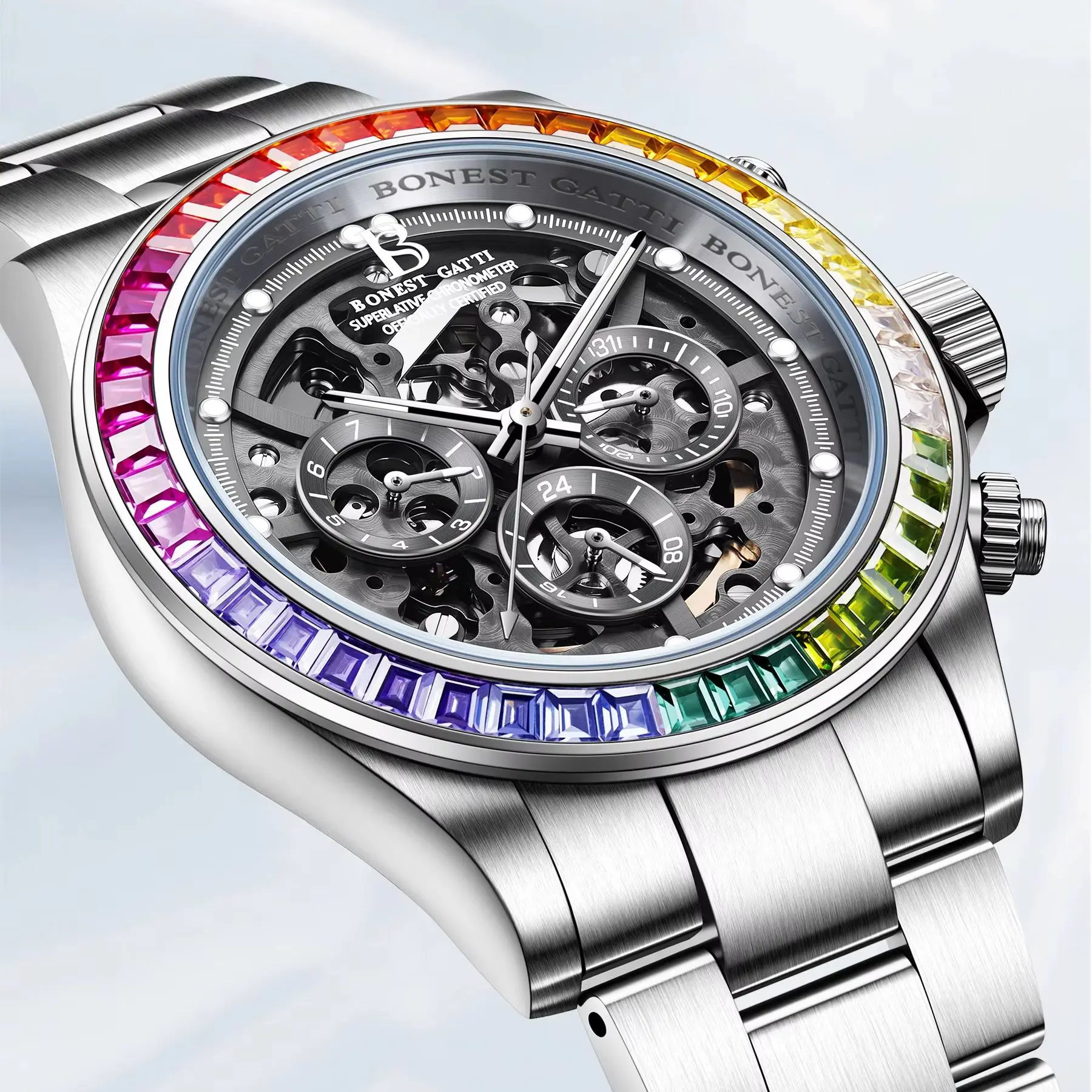 BONEST GATTI Men Automatic Watch 40mm Mechanical Wristwatch 50m Waterproof Sapphire Mirror Luminous MultI-Dial Week Date 24 Hour