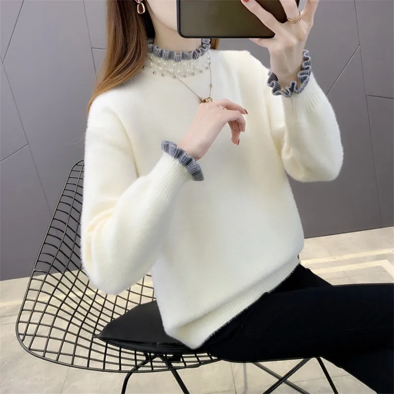 

Mink Cashmere Pearl Splicing Half High Collar Knitted Sweater Women Short Pullover Pink White Long Sleeve Knitting Tops Female