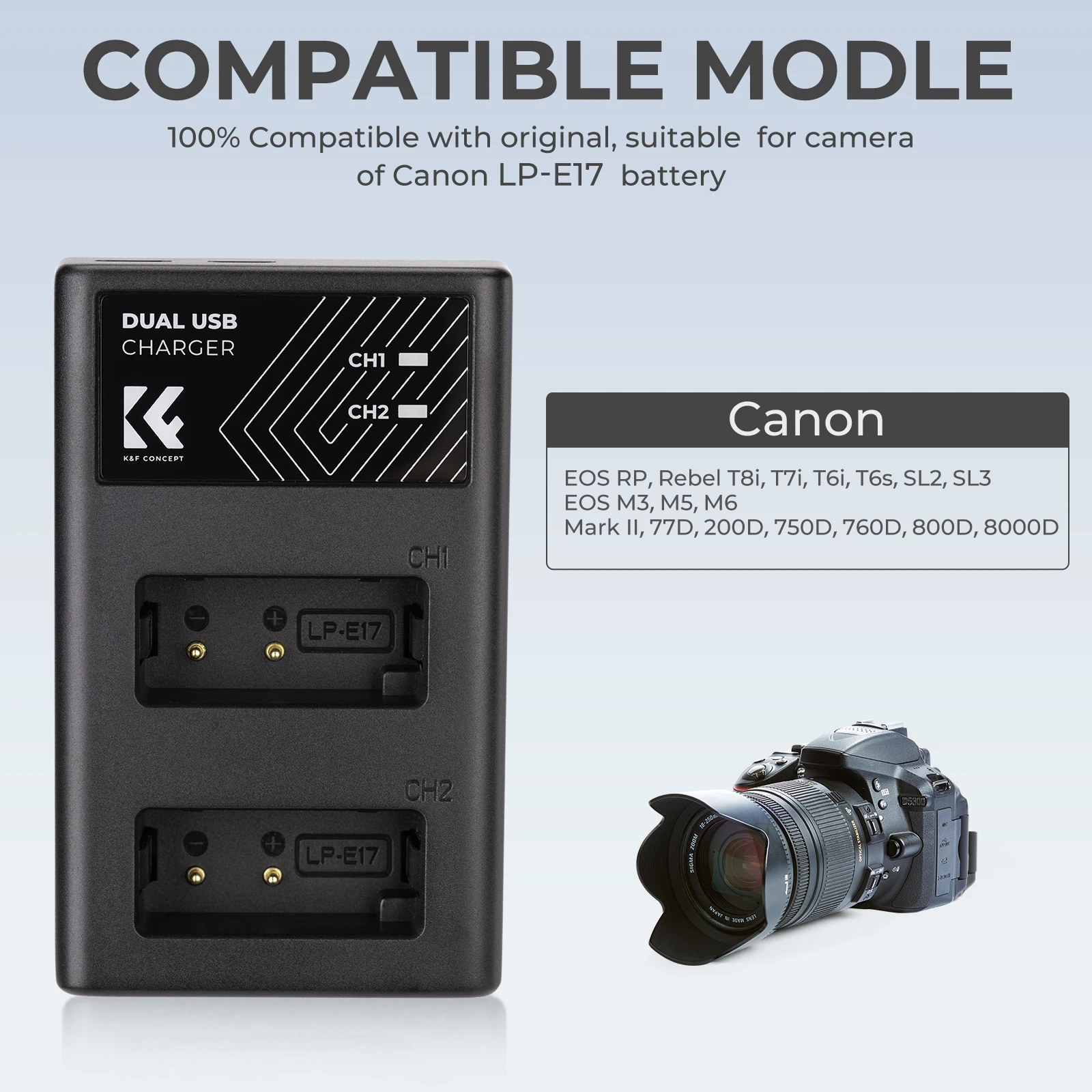 شاحن بطارية كاميرا K&F لكاميرات Canon LP-E17 متوافق مع Canon EOS RP Rebel T8i T7i T6i T6s SL2 SL3 EOS M3 M5 200D