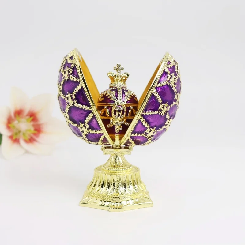 SHINNYGIFTS Enamelled Egg Shaped Jewelry Boxes Hand Painted Luxurious Trinket Boxes with Hinged Easter Decor Gifts for Family