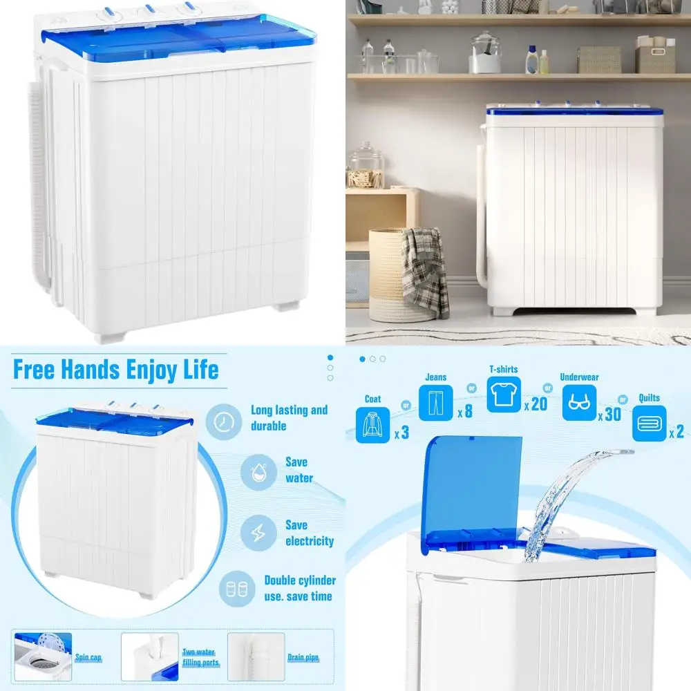 

Компактная мини-стиральная машина с двумя баками и функцией сушки, с удлиненным шлангом, вместимостью 28 фунтов, идеально подходит для автодомов, общежитий и небольших помещений (синяя)