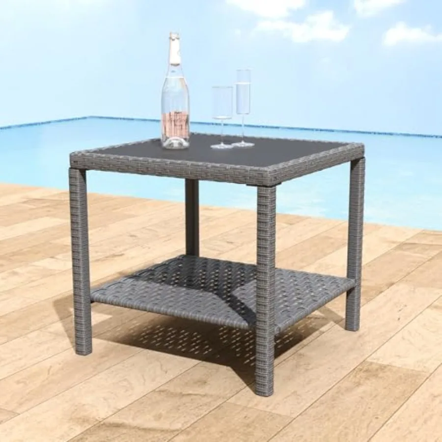 All Weather Rattan Wicker Outdoor Coffee Side End Table with Glass Top for Patio Deck Backyard Garden Grey