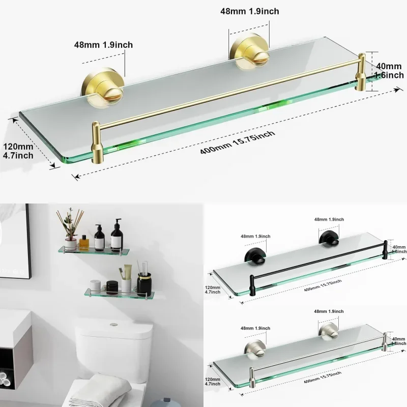Tempered Glass Bathroom Shelf Stainless Steel Storage Rack Rectangular 40CM 1 Tier Brushed Gold Wall Mounted